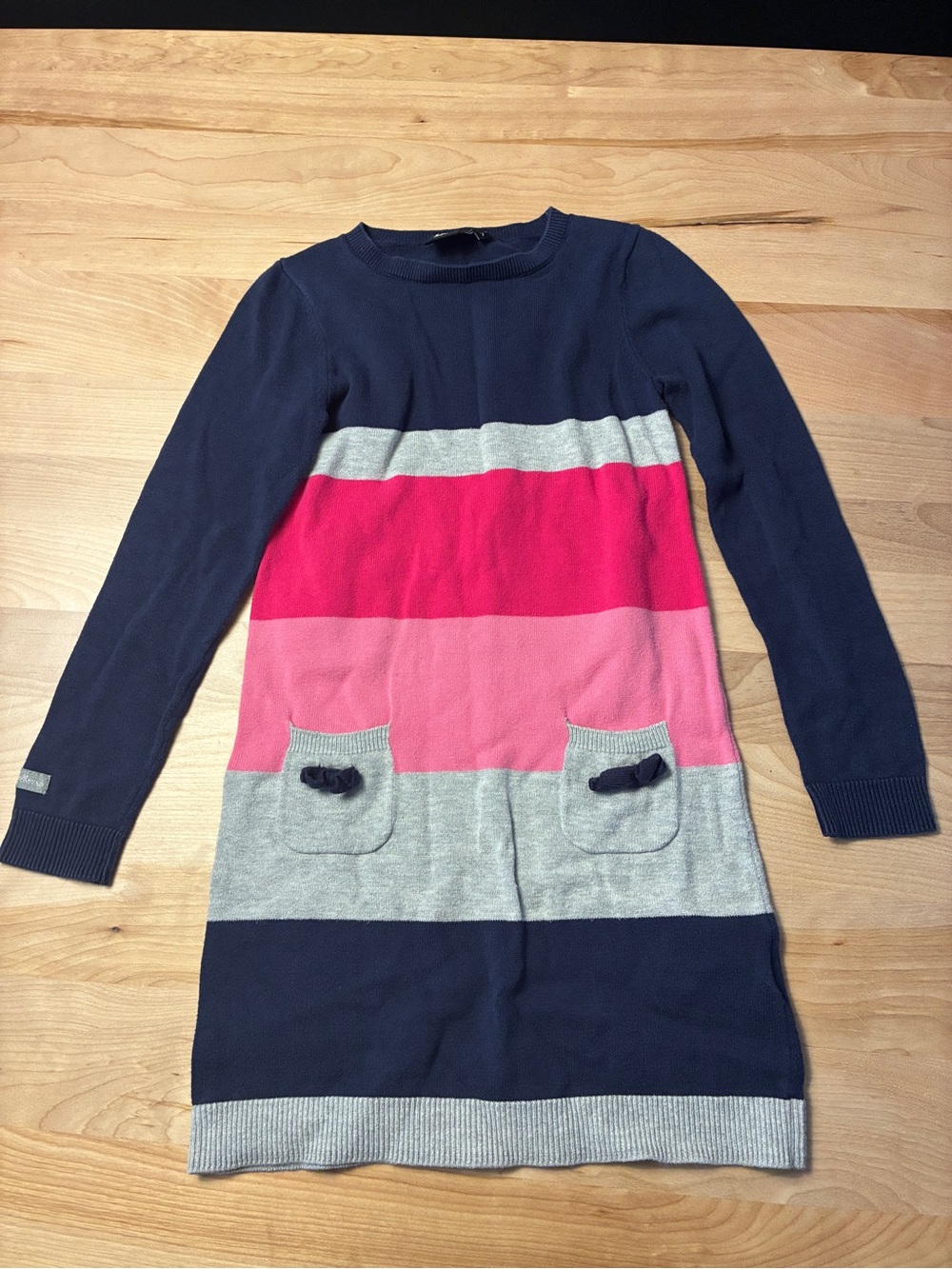 Girls Navy, Pink & Gray Striped Knit Dress